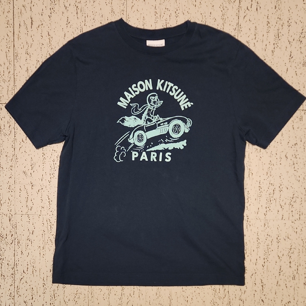 Maison Kitsune Paris Navy Blue Fox Graphic Crewneck T-Shirt